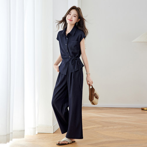 气质收腰上衣减龄阔腿裤两件套