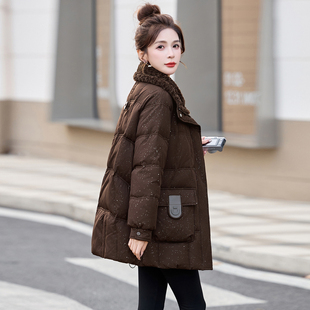 时尚休闲立领中长款羽绒服女2025冬新款小个子加厚A字白鸭绒外套