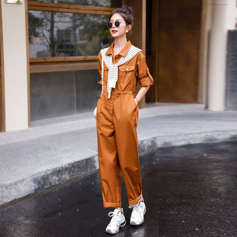 收腰连体衣牛仔棉布工装长裤子