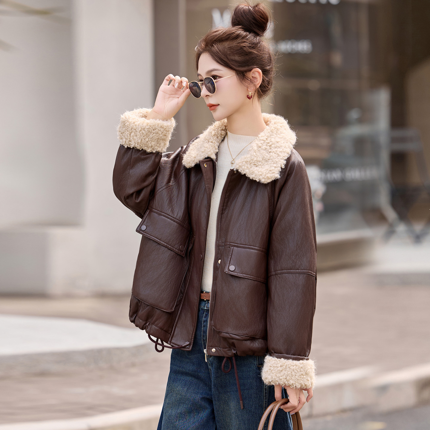 欧货加绒加厚皮衣外套短款女装2025冬季新款宽松休闲PU皮棉服外套