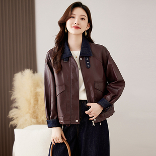 新款 2025秋季 酷飒风超火PU皮夹克机车服女 女款 咖色皮衣外套女短款