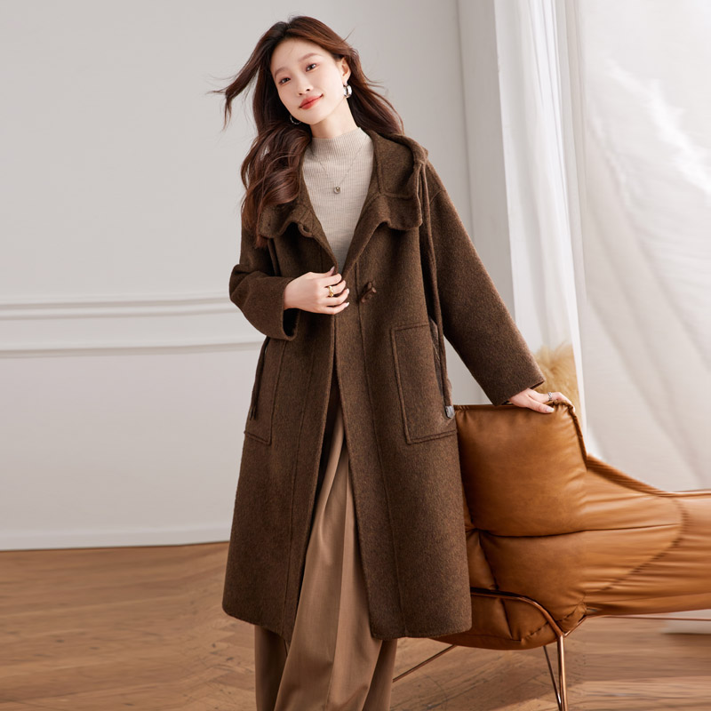 宽松休闲保暖连帽毛呢外套