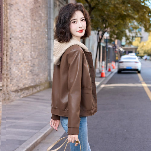 美拉德咖色皮衣外套女