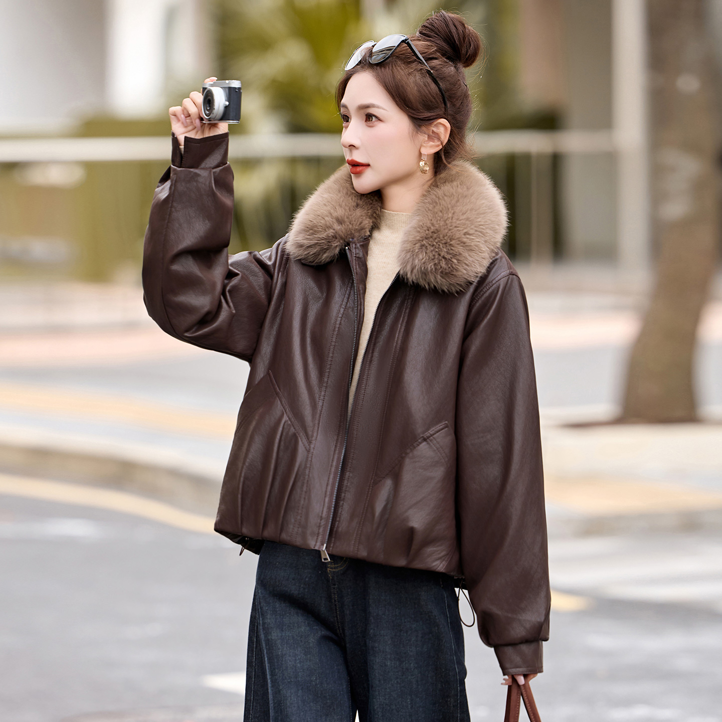 小个子短款气质休闲PU皮棉服