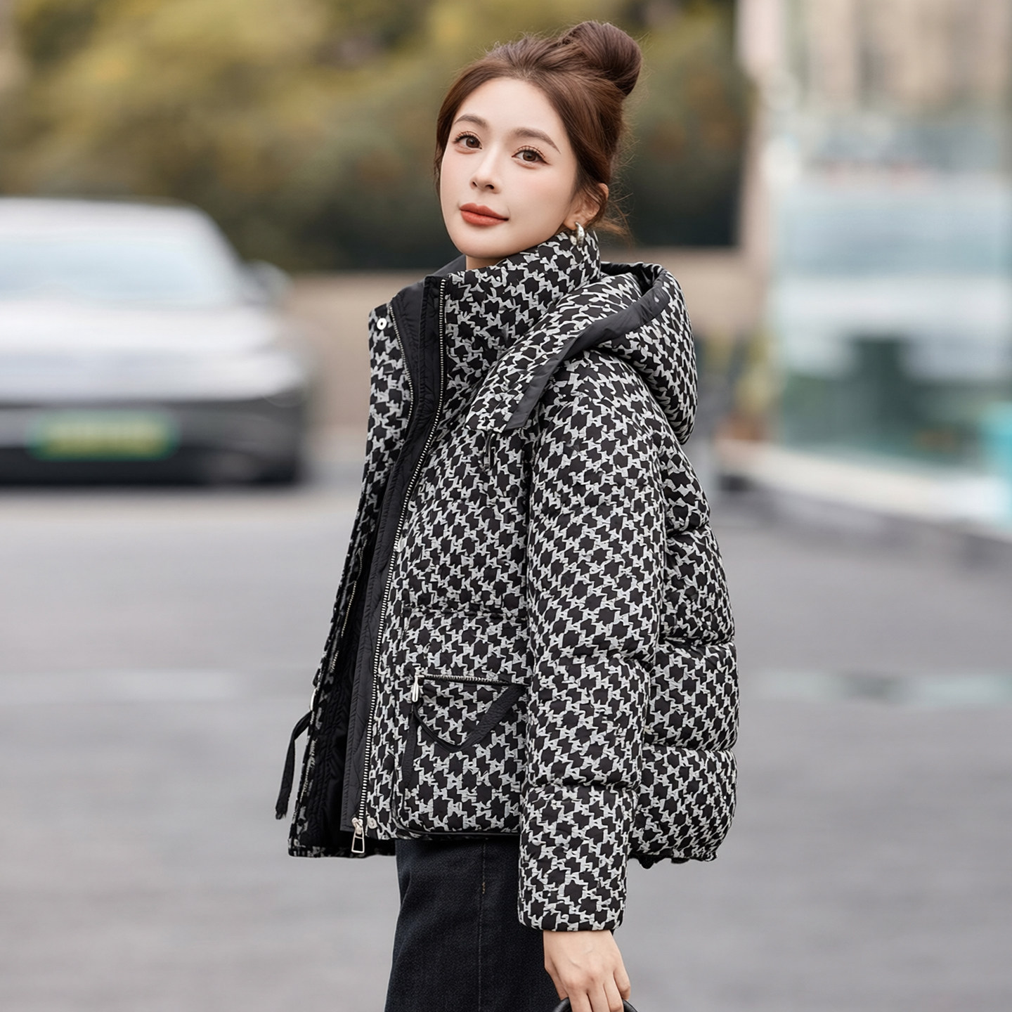 印花连帽羽绒服女士中长款2025冬季新款宽松大口袋保暖白鸭绒外套,女装/女士精品,羽绒服,淘宝优惠券,粉丝福利购,淘宝优惠卷