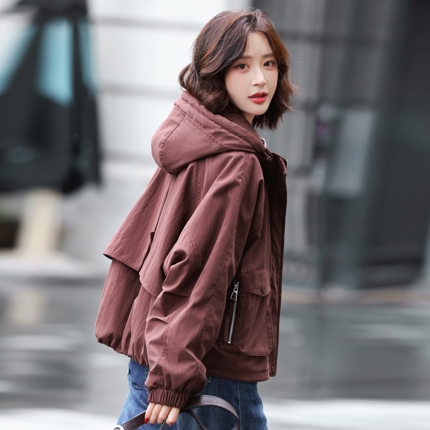 时尚小个子连帽派克棉服短外套