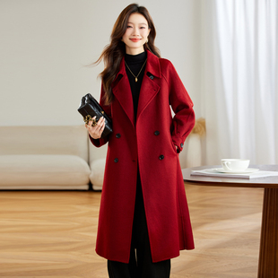 轻熟风红色毛呢外套女装2026秋冬新款宽松休闲高端西装领妮子大衣