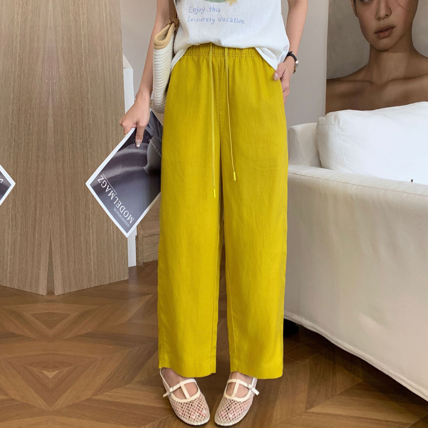 莱赛尔亚麻锥形裤女松紧高腰2026夏新南油薄显瘦九分小脚裤