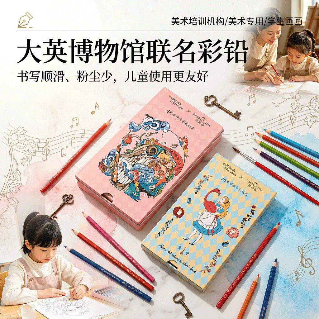 辉柏嘉大英博物馆联名水溶性彩铅 36/48 色 儿童初学者美术绘画彩色铅笔学生手绘礼盒