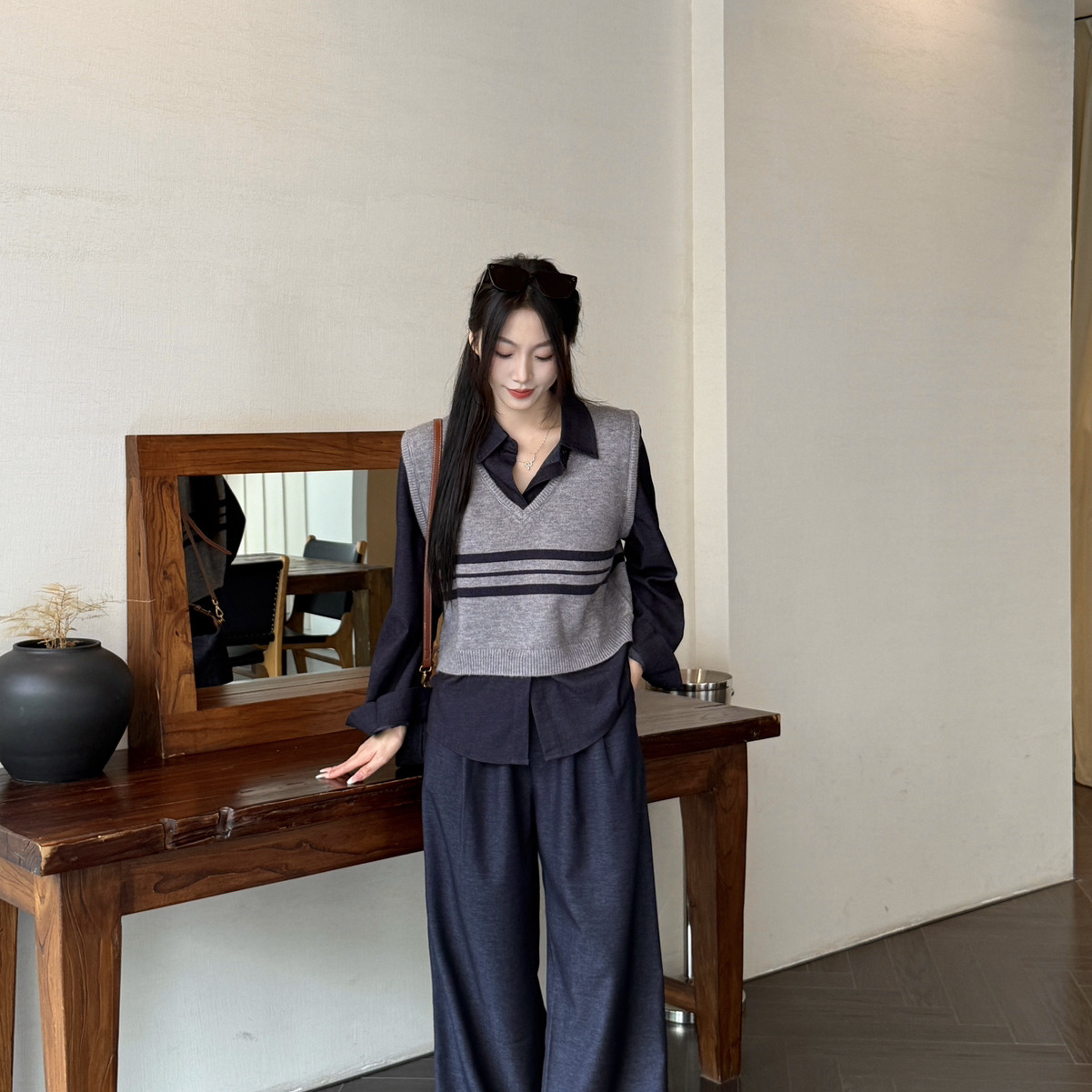 VICTORY2大码女装·牛仔拼接针织衫衬衫阔腿宽松牛仔裤套装L170