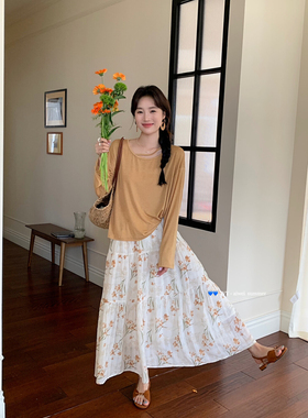 【艾薇】法式复古长袖防晒衫+松紧腰碎花半身裙套装  86671#  OZQ