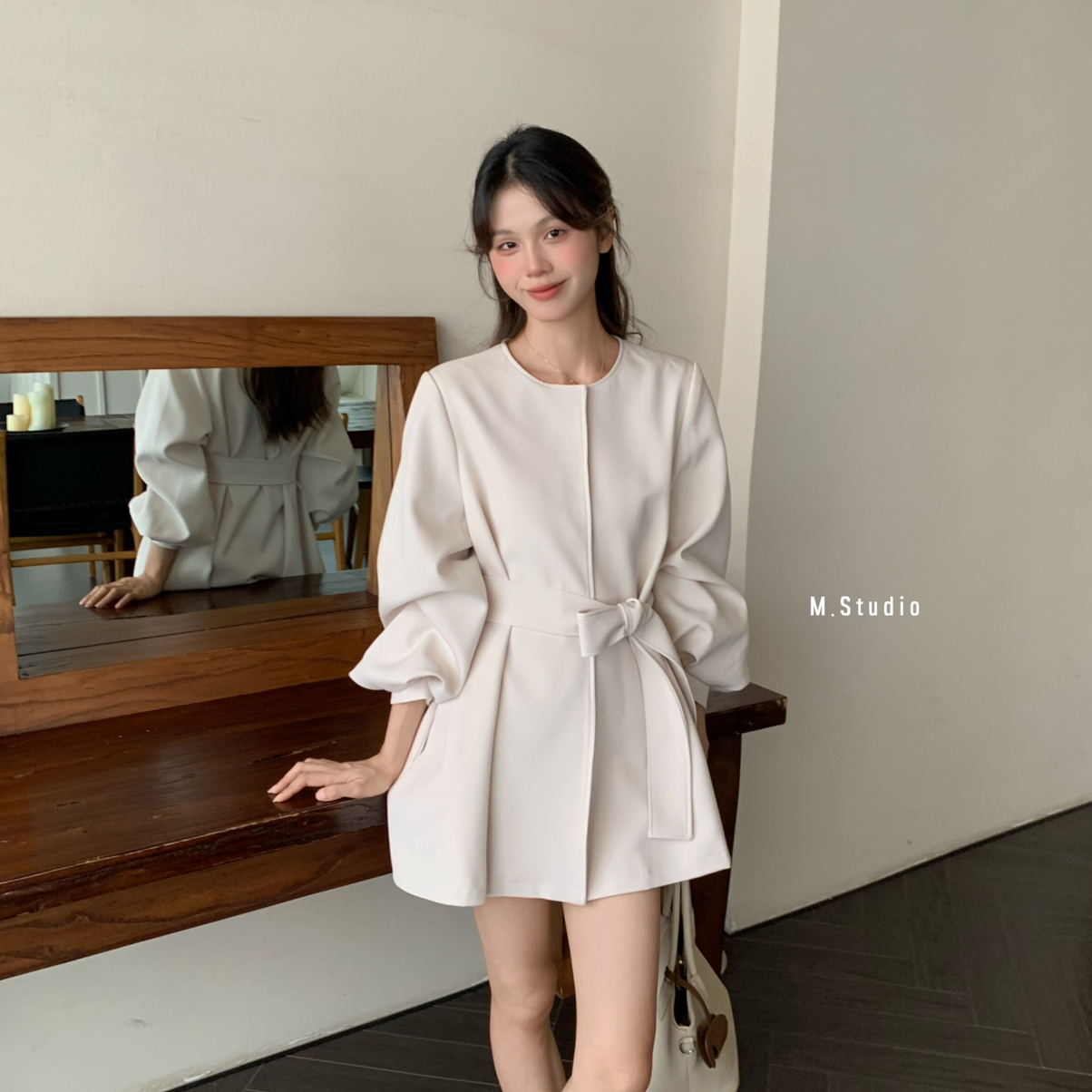 MSTUDIO漫莎-摩登时代灯笼袖暗扣风衣外套西装(配腰带)6109