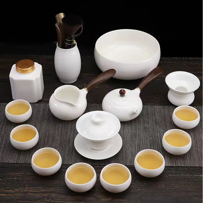 高档羊脂玉白瓷功夫茶具套组办公侧把泡茶壶整套礼盒装盖碗泡茶杯