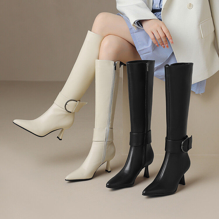 叶夫人高跟真皮骑士靴女白色不过膝长靴秋冬季尖头细跟加绒高筒靴