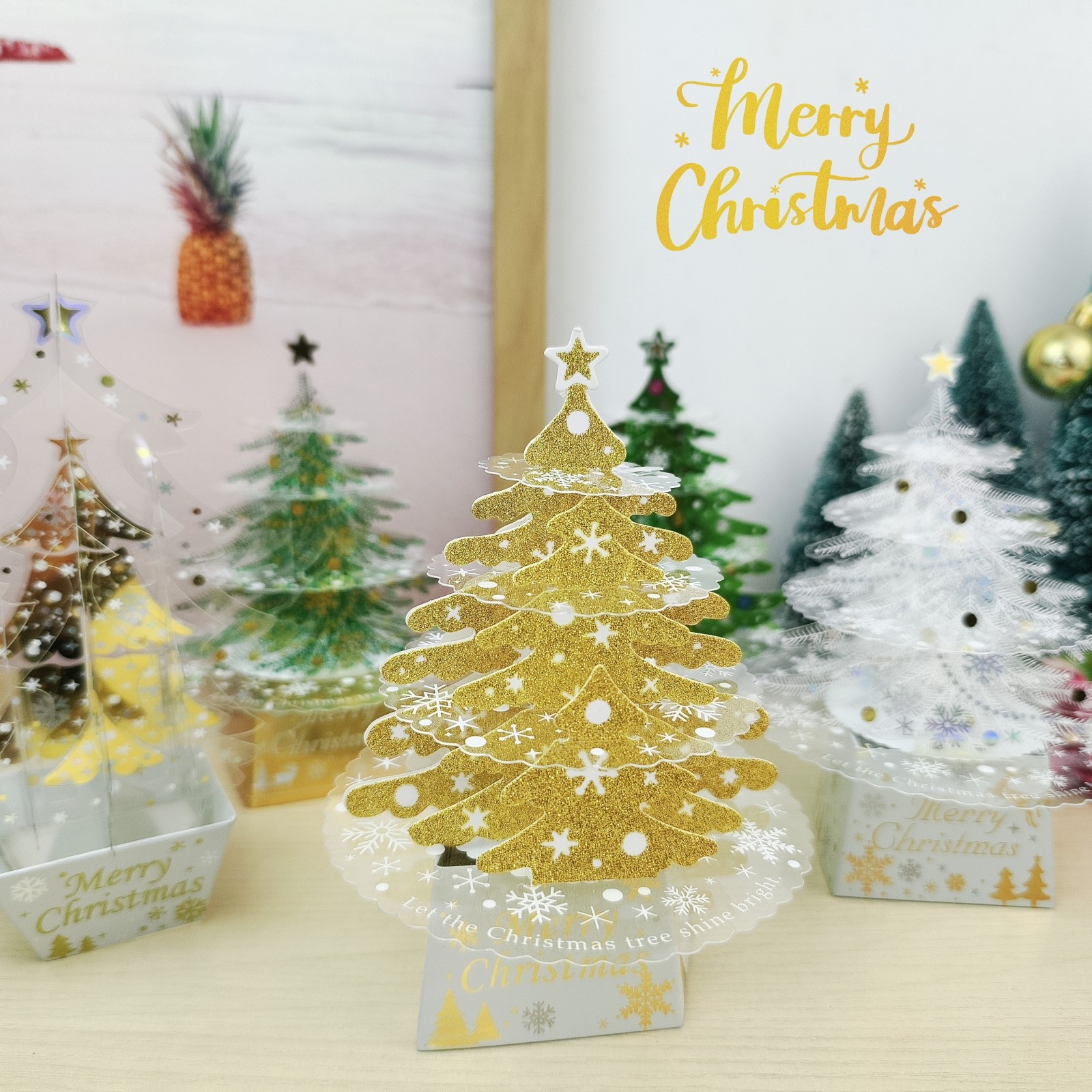 台湾创意3D立体圣诞节贺卡装饰奢华金色PVC圣诞树礼物祝福卡