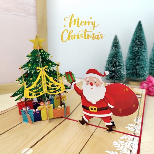 欧美创意装饰可爱圣诞老人与圣诞树祝福贺卡平安夜礼物3D立体卡片