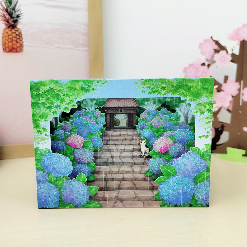 日式长辈感谢生日祝福3D卡片创意小猫咪绣球紫阳花阶立体贺卡
