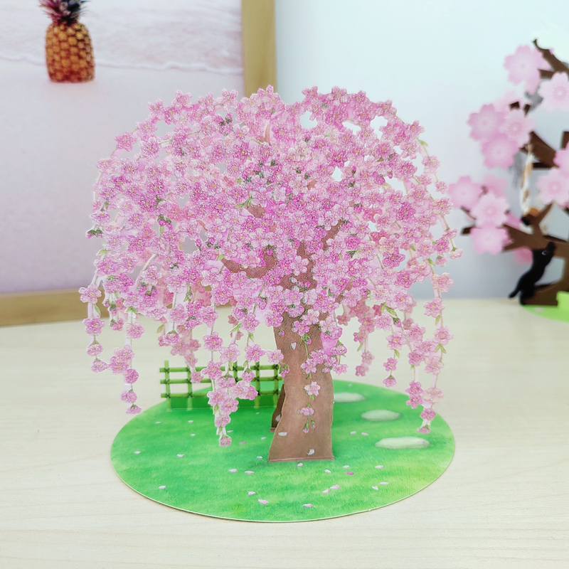 日本生日纸雕3d手办背景卡片创意场景摆设精致樱花树祝福立体贺卡