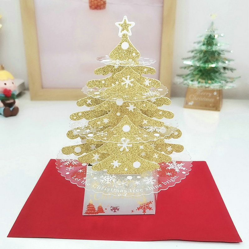 台湾创意3D立体圣诞节贺卡装饰奢华金色PVC圣诞树礼物祝福卡