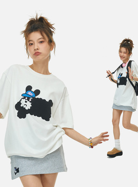 HEYABC 卡通印花宽松落肩情侣上衣圆领国潮男女纯棉休闲纯棉短袖