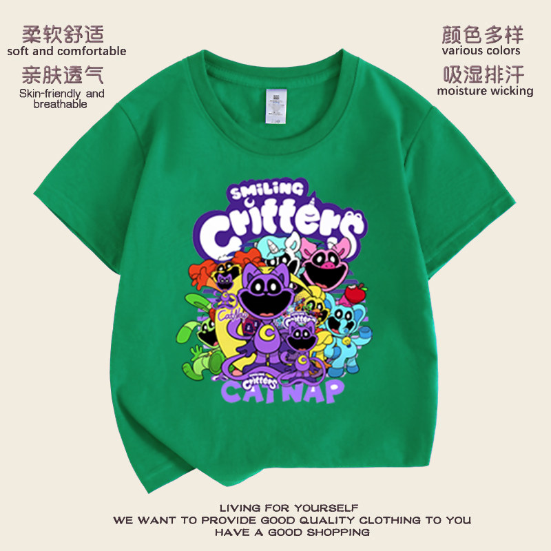 微笑小动物衣服瞌睡猫儿童短袖T恤波比的游戏时间男女童半袖T上衣
