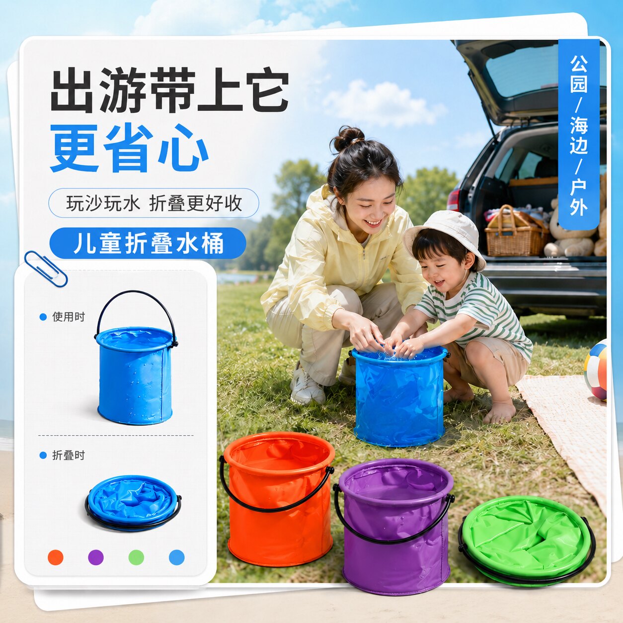 可折叠手提儿童打水桶多功能便携户外赶海捞鱼钓鱼美术画画洗笔桶