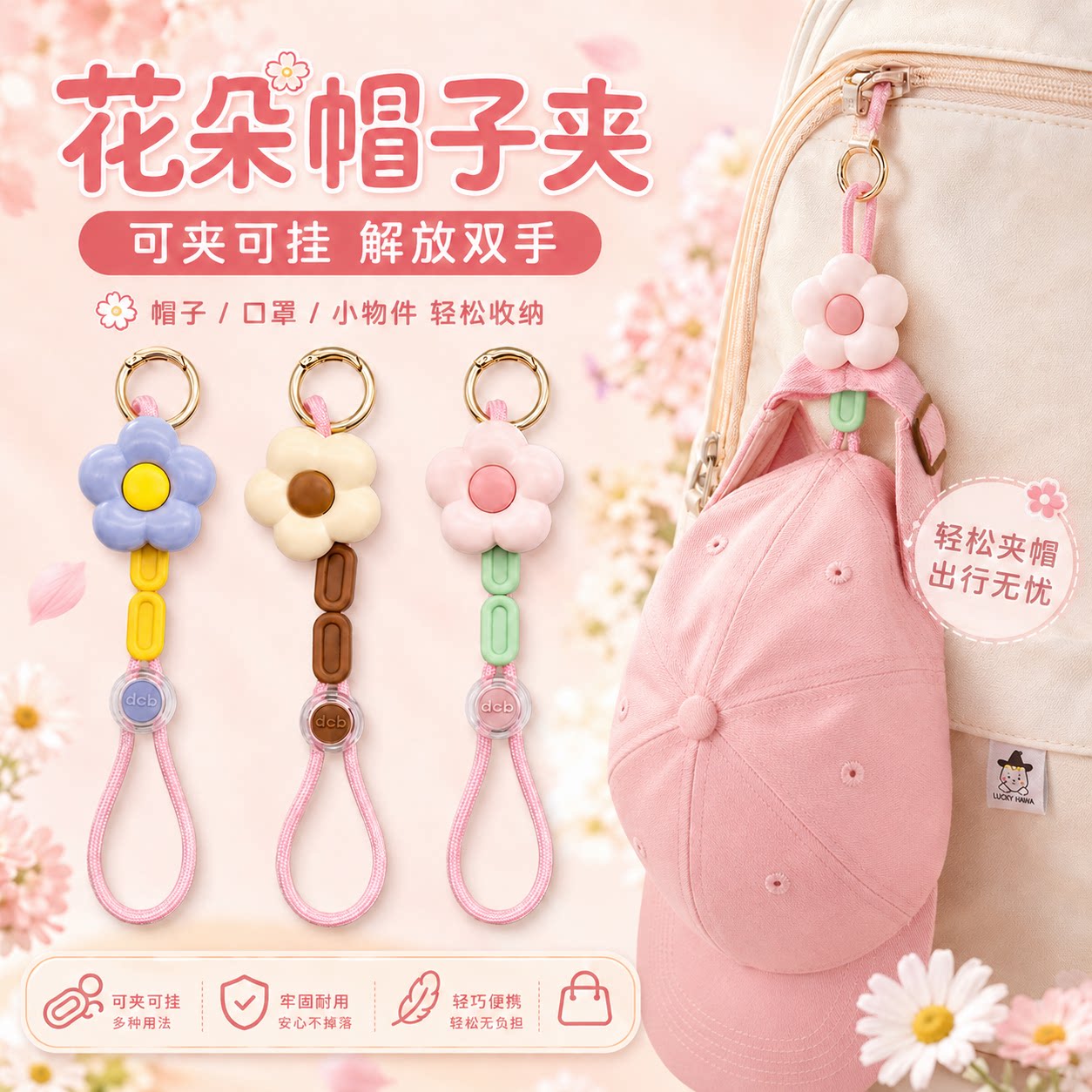 花朵帽夹便携挂包收纳遮阳帽