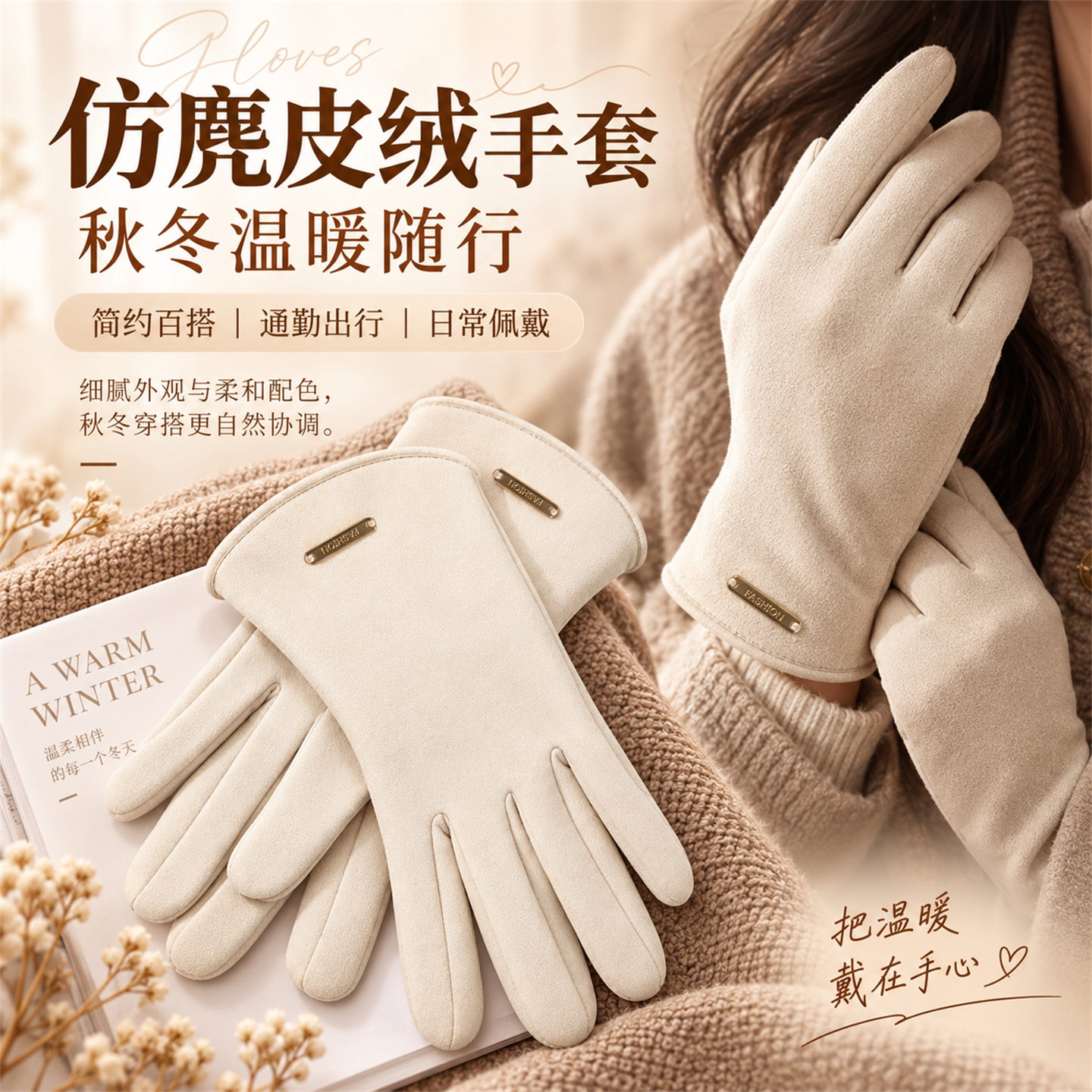 手套冬天女可爱仿麂皮防风开车手套秋冬季加绒保暖骑车露指触摸屏