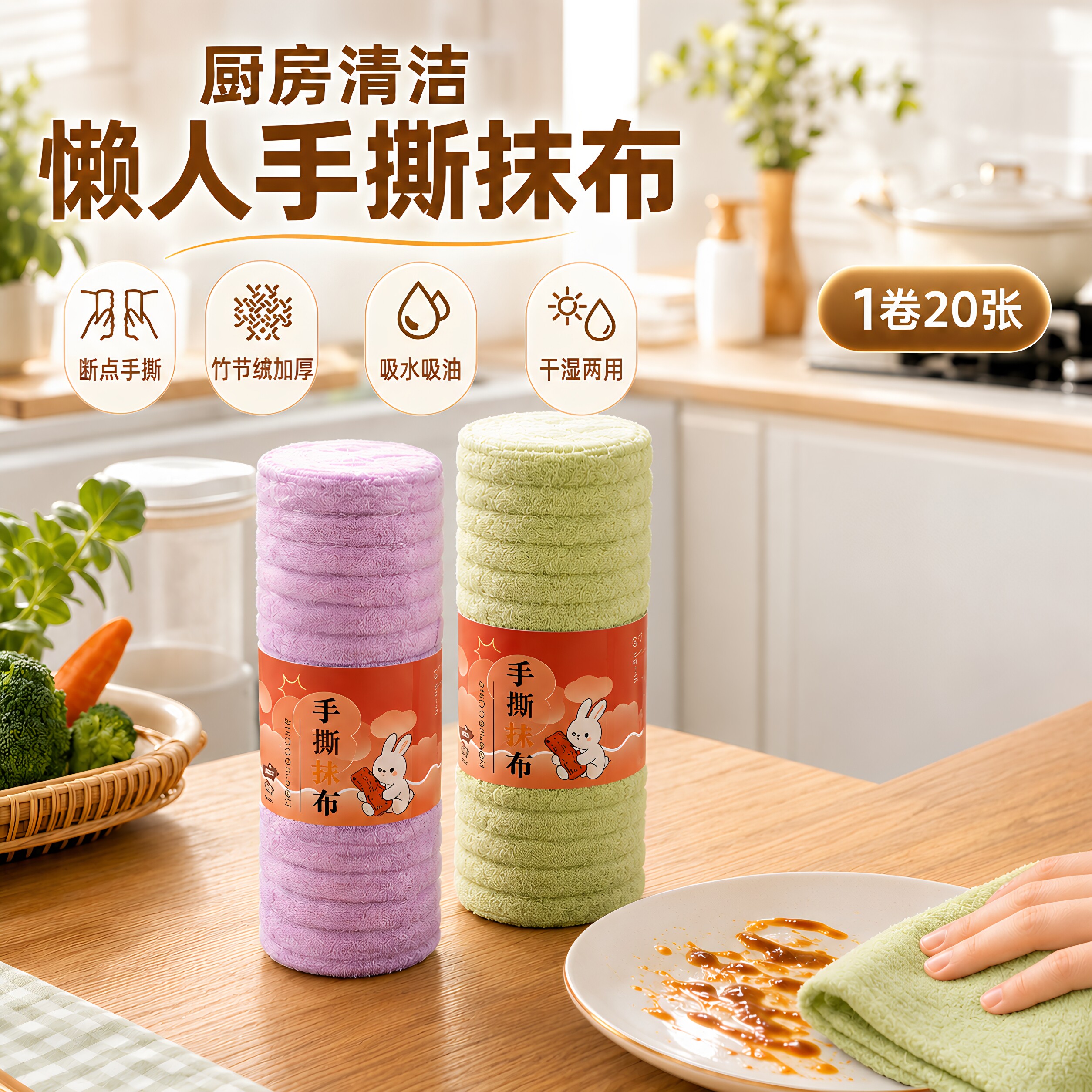 竹节绒手撕抹布便携清洁家用厨房清洁加厚吸水巾不掉毛洗碗擦桌子