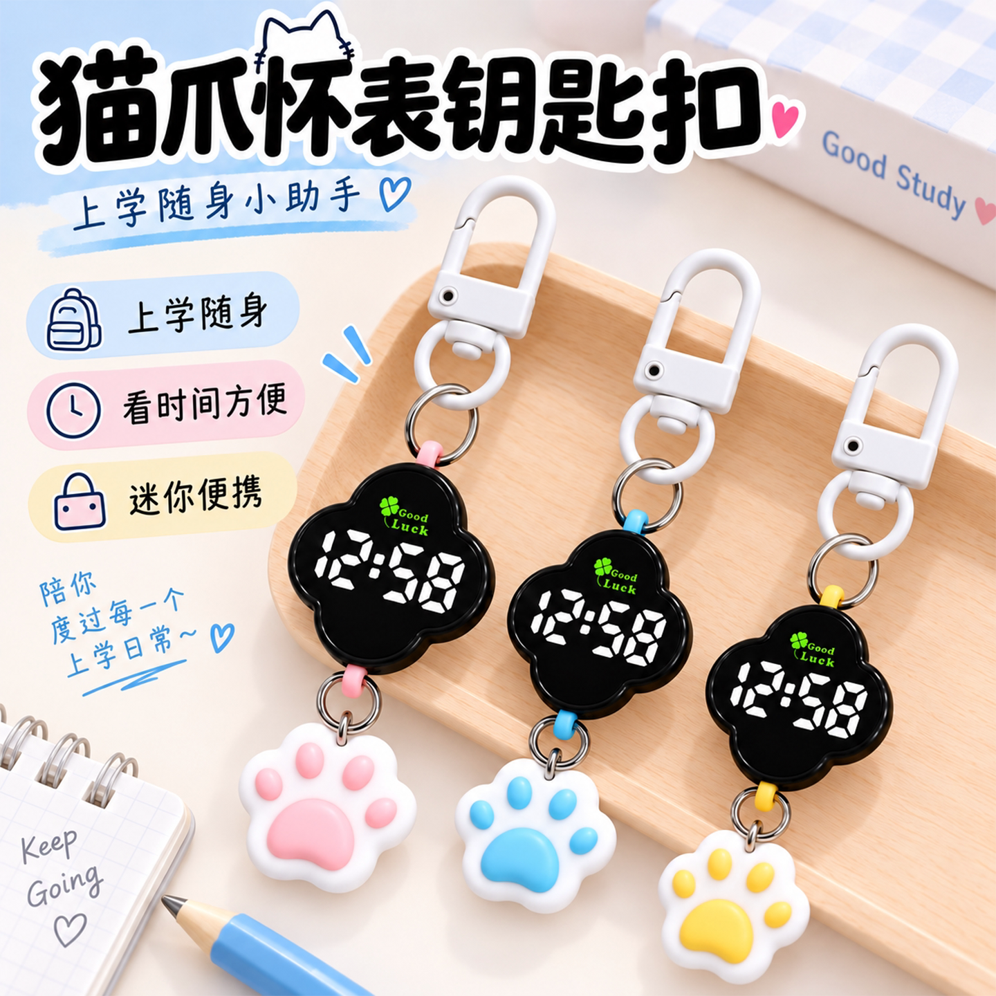 可爱猫爪四叶草迷你挂表小巧简约夜光学生防水电子表怀表高颜值