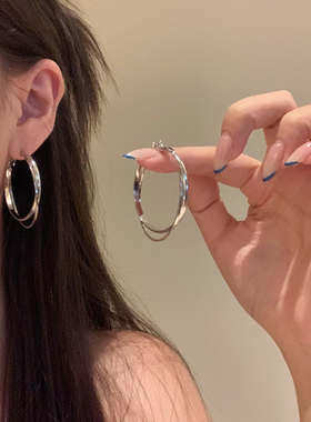 金属双层圈圈耳环女轻奢高级感气质大耳圈圆圈耳钉素圈耳饰耳扣