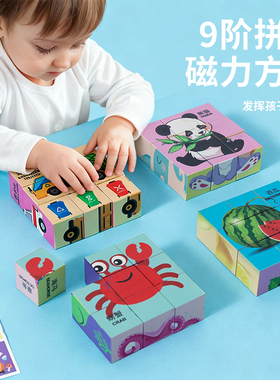 磁力方块拼图早教益智动物积木卡通六面画立体霸王龙拼图玩具塑胶