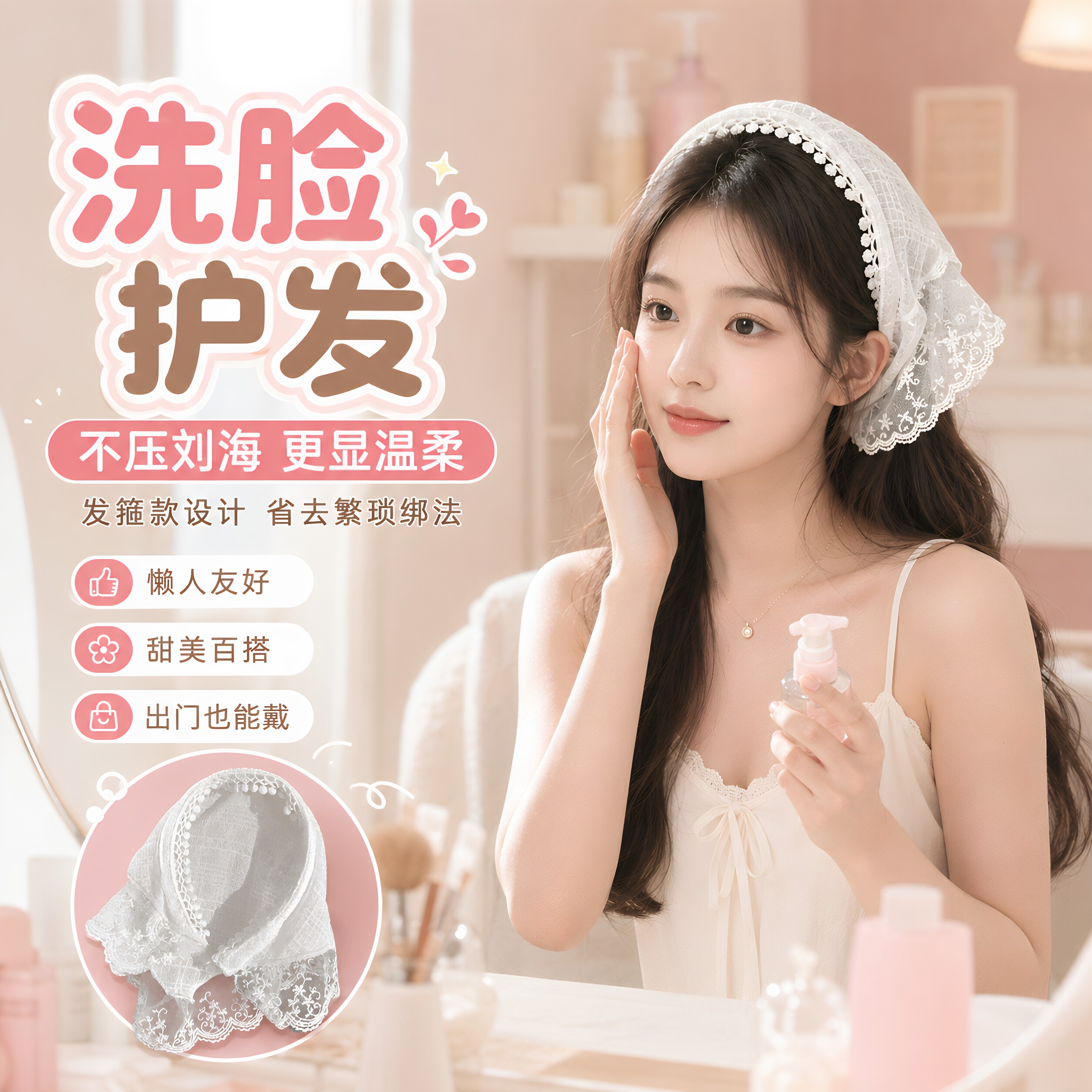 白色蕾丝发箍款头巾三角巾女2026新款田园风拍照头箍发带发卡头饰