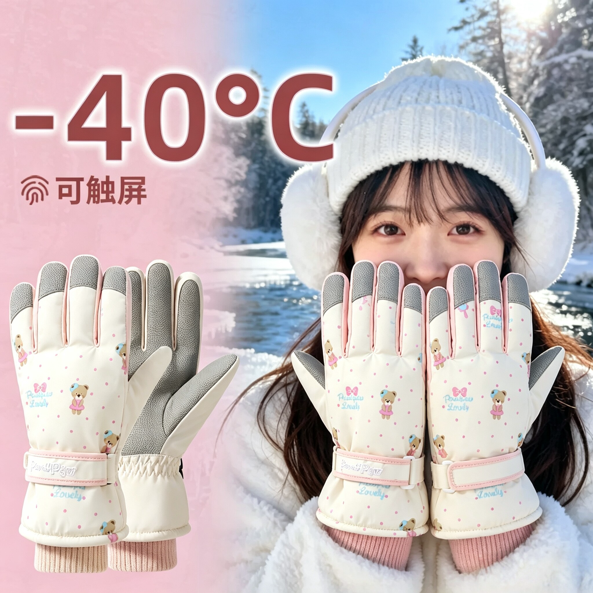 可爱小熊滑雪手套女冬季韩系保暖加绒加厚户外防风防寒骑车