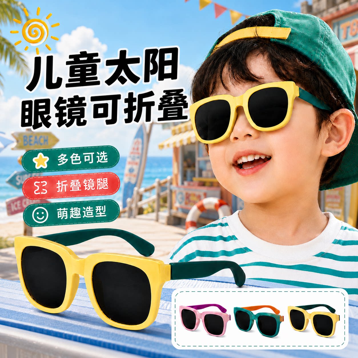 墨镜儿童太阳眼镜可折叠时尚宝宝遮阳镜新款男女童眼镜撞色防晒镜