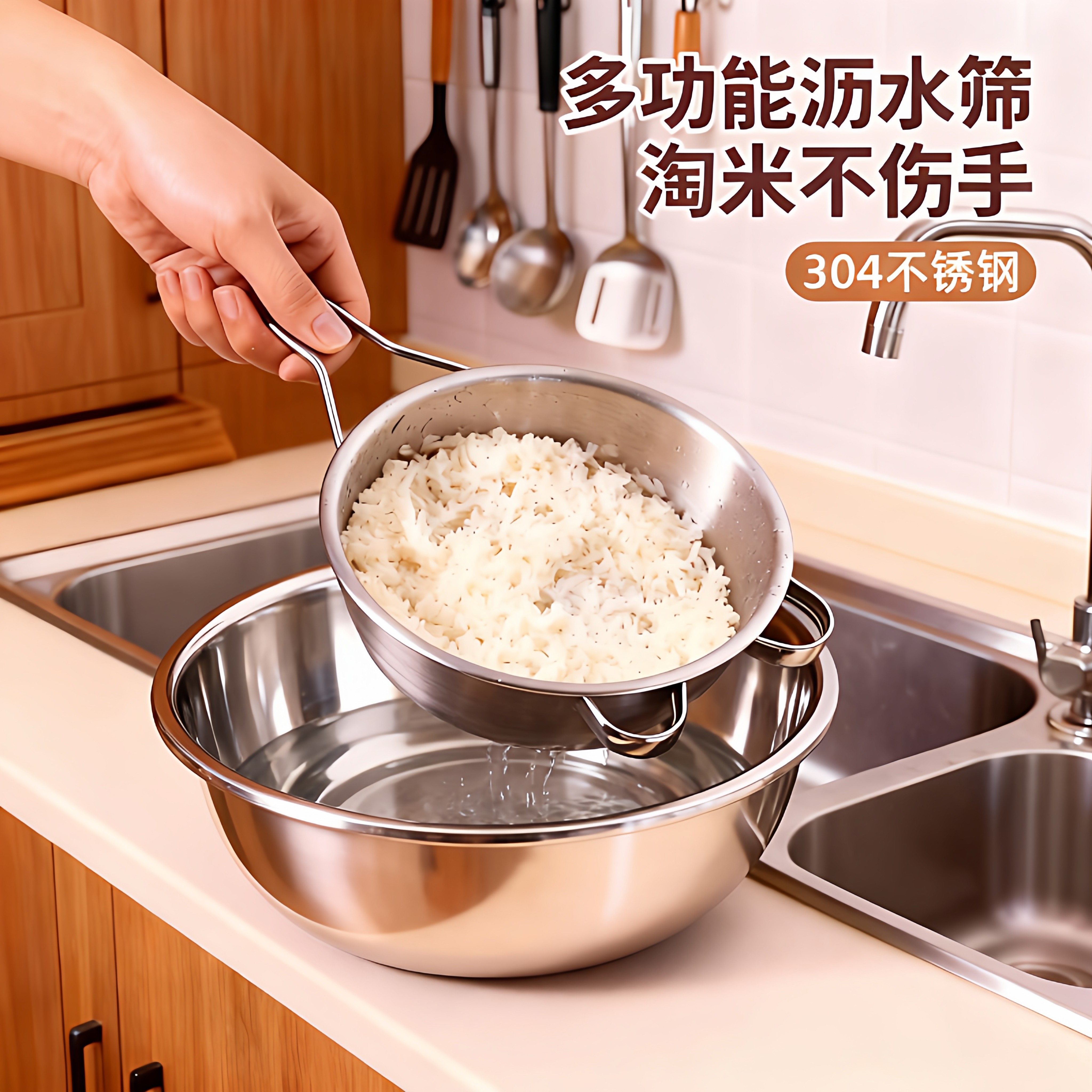 不锈钢淘小米神器洗米筛淘米盆细孔过滤勺厨房家用洗菜盆沥水果篮,厨房/烹饪用具,漏勺/滤网勺,淘宝优惠券,粉丝福利购,淘宝优惠卷