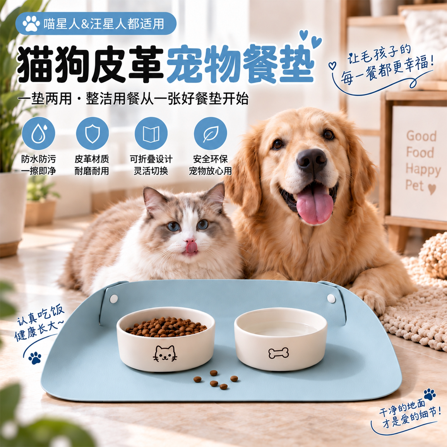 宠物餐垫猫咪碗垫皮革半包围加厚防滑防水防油渍小狗吃饭专用垫子