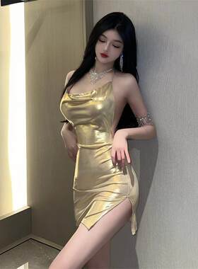 显瘦交叉亮面吊带连衣裙夜店酒吧欧美风收腰紧身露背包臀背心短裙