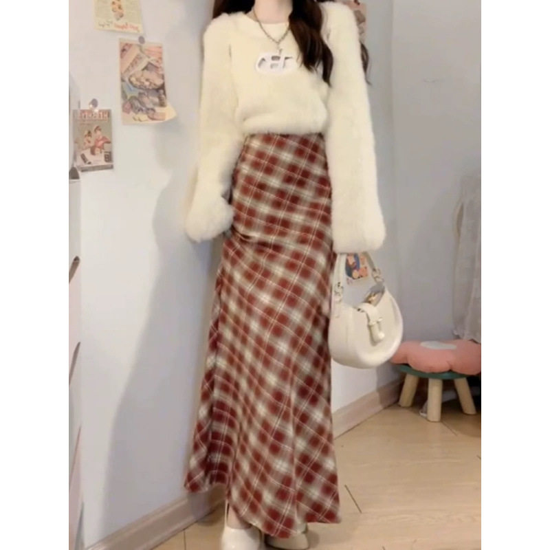 格子半身裙女秋冬新款格纹鱼尾裙包臀裙设计A字长裙气质裙子女潮