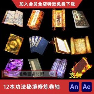 12本功法武功秘籍修炼卷轴沙雕动画AE修仙动漫书本CTA AN特效素材