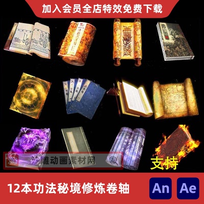 12本功法武功秘籍修炼卷轴沙雕动画AE修仙动漫书本CTA/AN特效素材