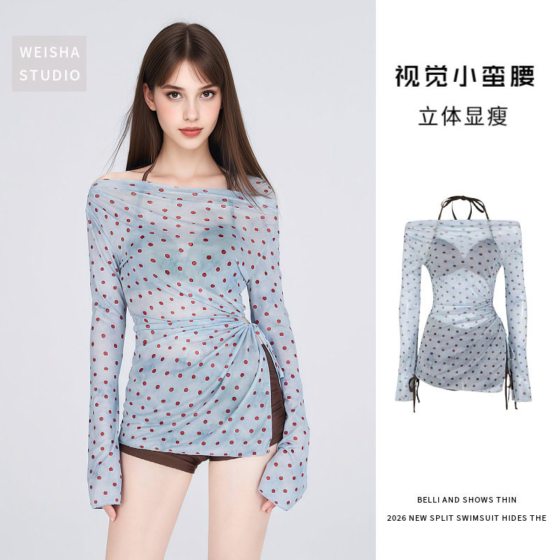 波点分体泳衣女平角比基尼钢托聚拢性感纯欲海岛度假高级感显瘦