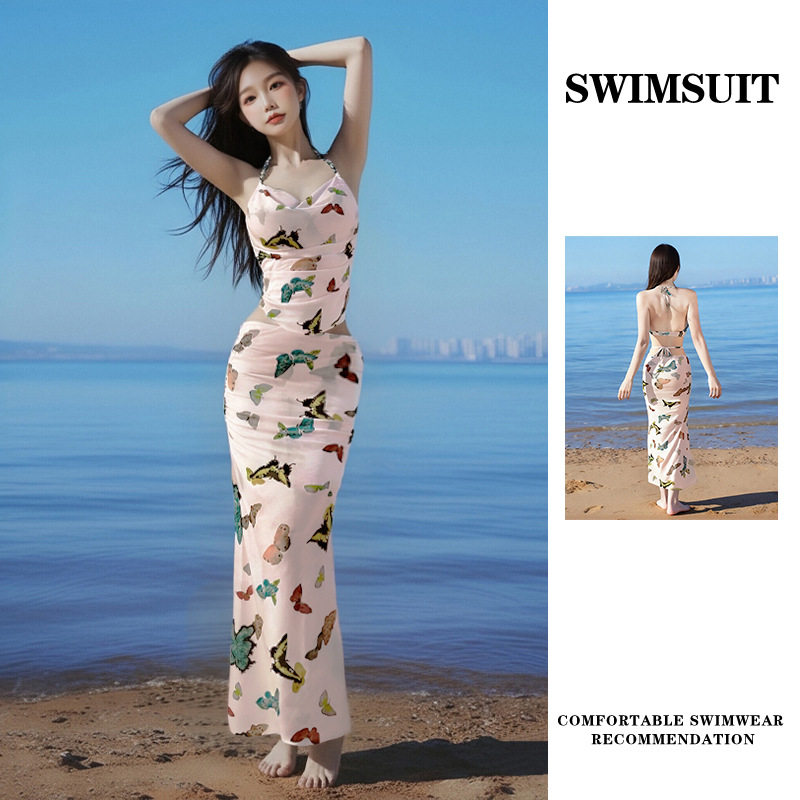 泳衣女2025新款蝴蝶印花比基尼性感长裙带钢托聚拢海边度假泳装