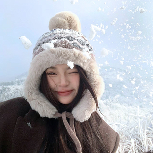 帽子女冬季费尔岛风针织毛线帽保暖加绒加厚东北防寒帽护耳雷锋帽