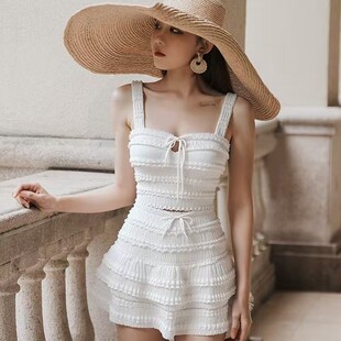 2026新款 沙滩度假分体泳衣 纯色褶皱布三色可爱清新纯欲风甜美泳装