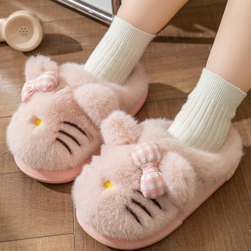 卡通棉拖鞋女童冬季可爱蝴蝶结室内家居女孩毛绒保暖亲子家居大童