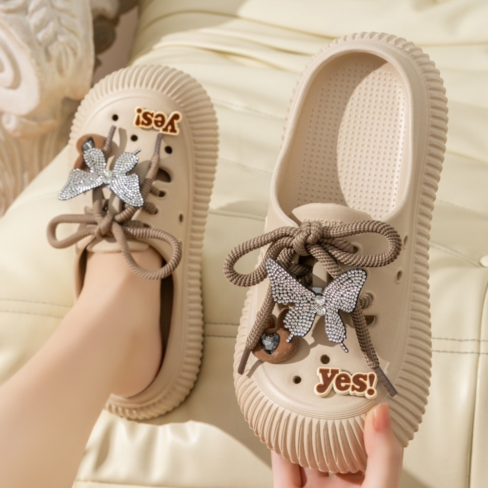 2025夏季时尚蝴蝶女款高跟洞洞鞋超防滑EVA防臭凉鞋防滑沙滩拖鞋