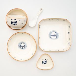 可爱熊猫餐具 深盘 陶瓷饭碗家用米饭碗 味碟 炒菜盘 圆盘 半村