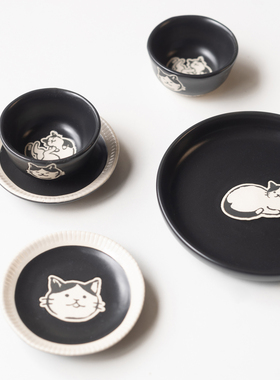 半 村日式复古可爱猫咪 陶瓷釉下彩黑色小猫 迷你杯 茶杯 小碟盘