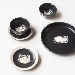 半 村日式复古可爱猫咪 陶瓷釉下彩黑色小猫 迷你杯 茶杯 小碟盘